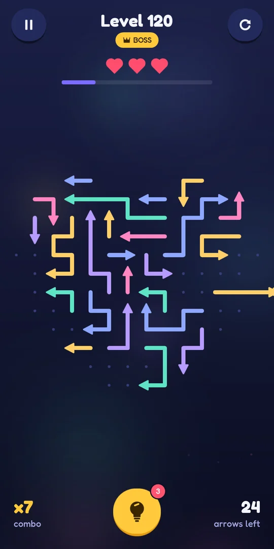 A heart-shaped boss level packed with colorful arrows