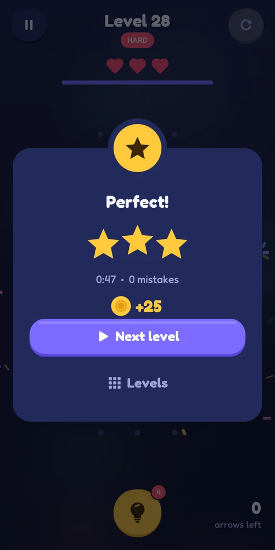 Level complete screen with three stars and coins